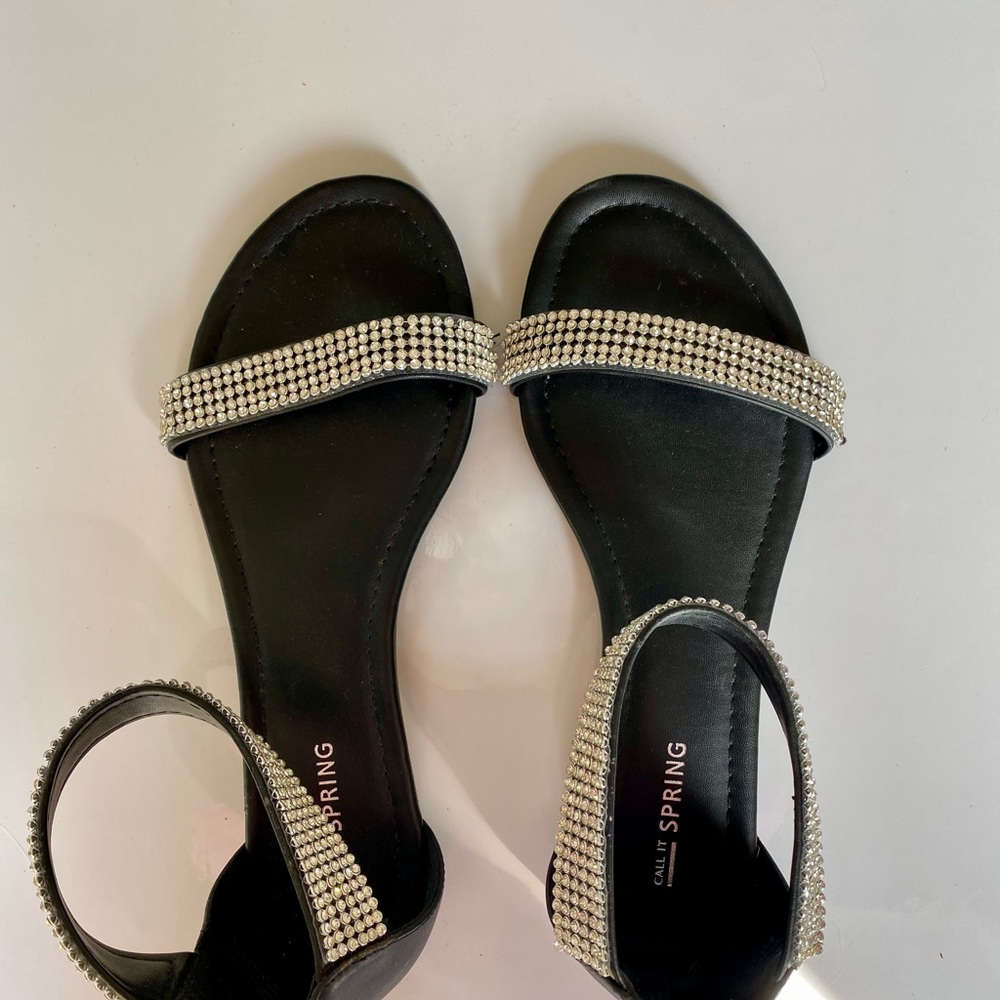 Call It Spring Black Sandals with Silver Rhinestone Straps